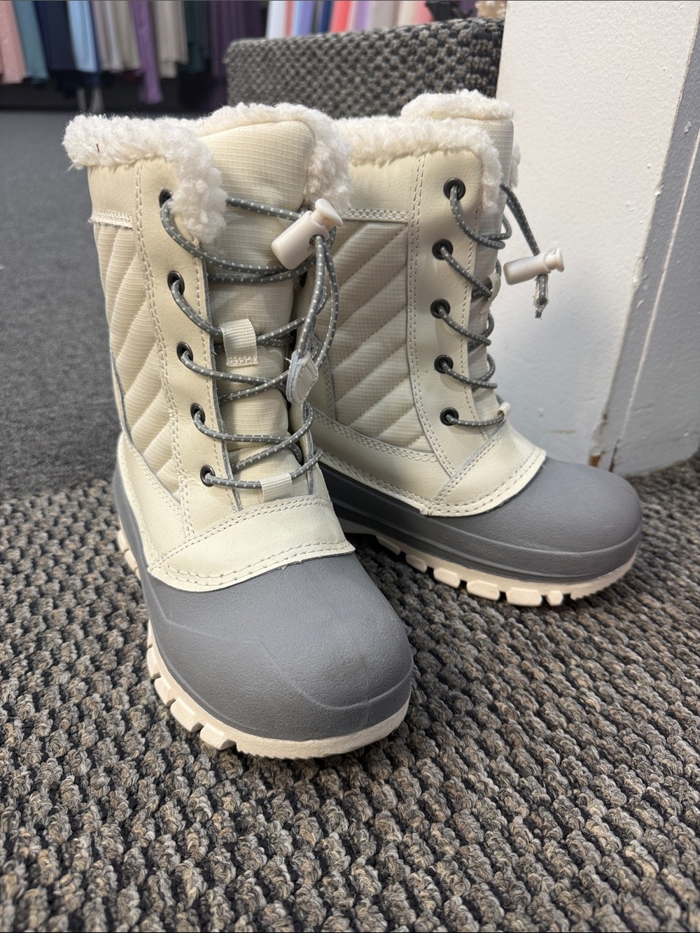 Women's Cream and Gray Insulated Lace-Up Winter Boots